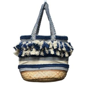 Roller Rabbit Blue And Natural Large Woven Tassel Tote Cotton & Wood Boho Beach